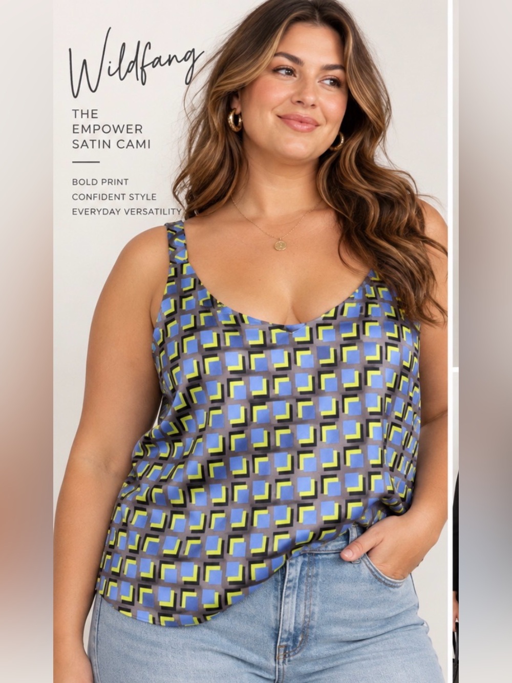 Wildfang The Empower Satin Cami 1X Geometric Print Adjustable Strap Tank retro